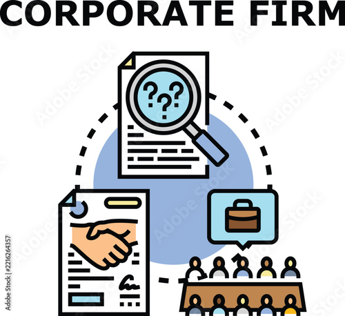 Corporate firm business concept art illustrating legal analysis, contract signing, and professional business meetings, symbolizing strategic management and diligent work processes