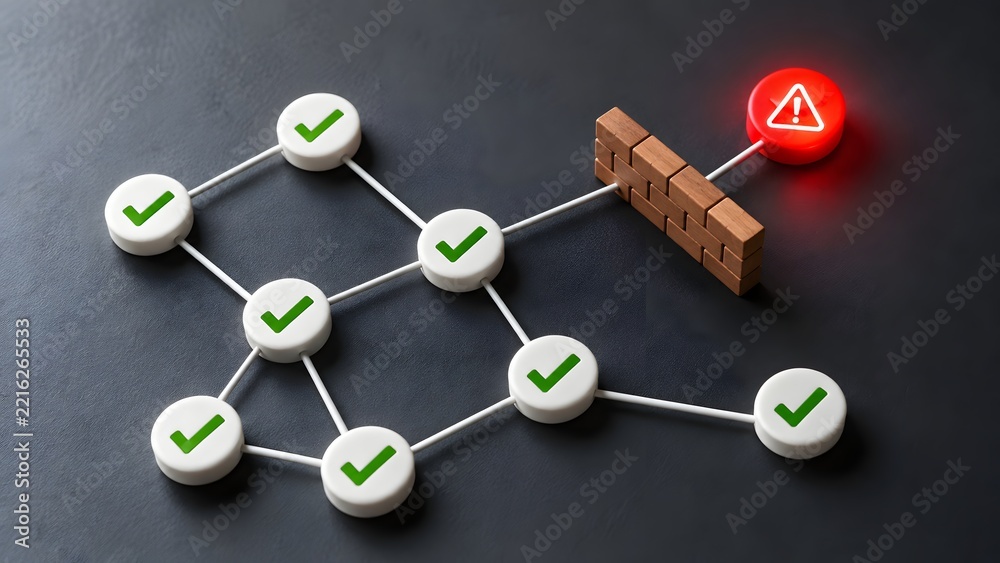 Obraz premium Network nodes with green checkmarks connected to a blocked path with a brick wall and a red warning alert symbolizing firewall and cybersecurity