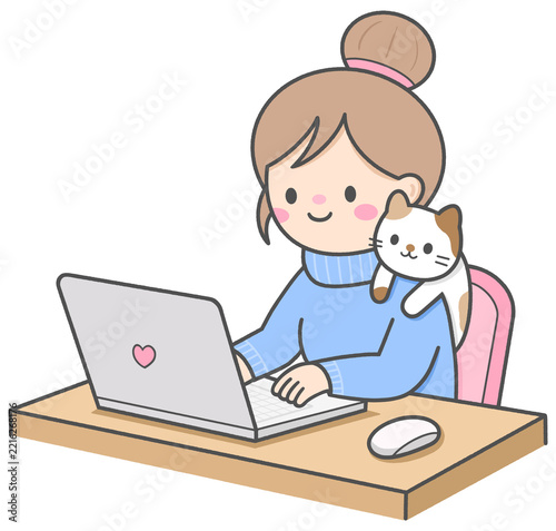 Cute Woman Working from Home on Laptop with Calico Cat on Shoulder