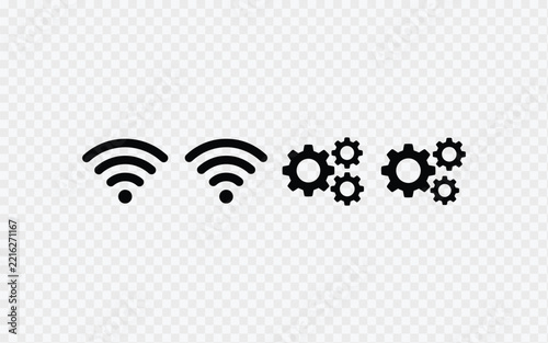 Set of wifi signal and gear settings icons, digital connectivity and technical configuration symbols, flat vector illustration