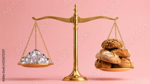Golden scale balancing diamond gemstone against bread loaf stack, luxury versus necessity concept, minimalist composition on soft pink background