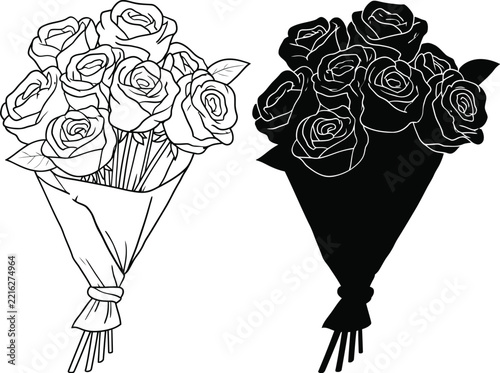 Rose bouquet drawing line art and solid black silhouette collection