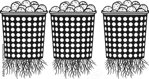 Pot drawing line art and solid black silhouette for gardening plants