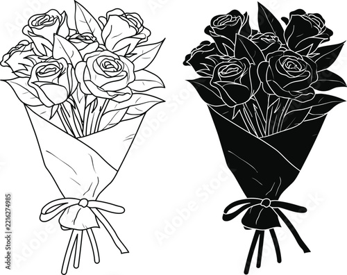 Rose bouquet drawing line art and solid black silhouette illustration