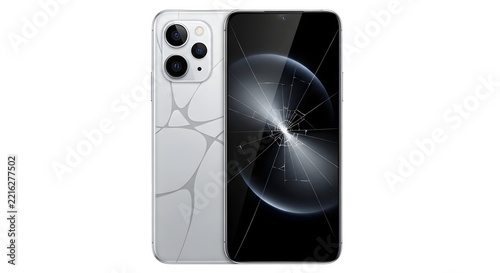 Broken smartphone with shattered screen and cracked back casing isolated on a clean transparent background for repair service concepts