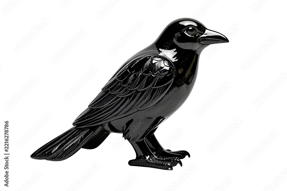 Fototapeta premium Polished Obsidian Raven Figurine Isolated on White