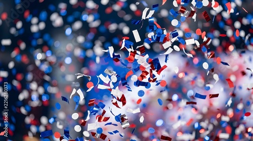Confetti in colors of French flag falling during patriotic Bastille Day national holiday celebration for festive freedom event concept