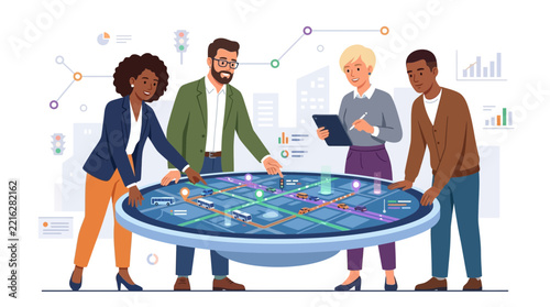 Diverse team collaborating around a futuristic interactive map displaying city traffic and data analytics, illustrating smart city planning and urban development.