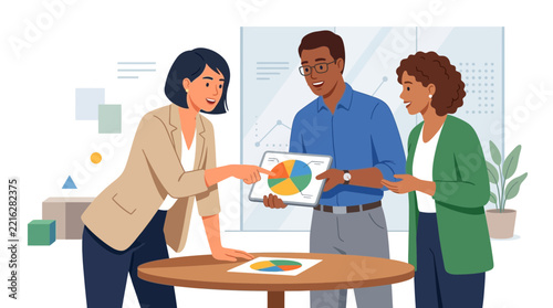Diverse team collaborating on a business presentation with charts and graphs in a modern office setting.