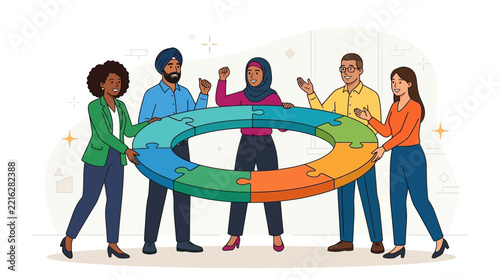 Diverse Team Collaborating on a Circular Puzzle, Symbolizing Unity and Success