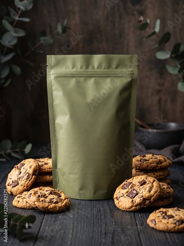 Green Resealable Pouch With Chocolate Chip Cookies and Stacks on Table With Eucalyptus Background

