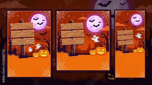Halloween party invitation template vector illustration. Spooky graveyard landscape with wooden signpost