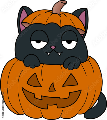 Cute black cat with sleepy expression wearing pumpkin lid hat inside a carved Halloween jack o lantern, funny sassy kitten vector illustration isolated on white background.