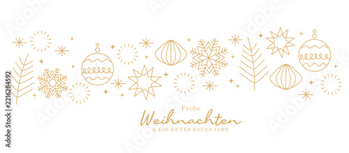 Frohe Weihnachten und ein gesundes und erfolgreiches Jahr 2027. Goldene Weihnachtsornamente und Schneeflocken vor festlichem Hintergrund