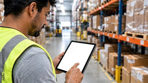 Warehouse worker in hi-vis vest using blank tablet to manage inventory among tall pallet racks in large distribution center
