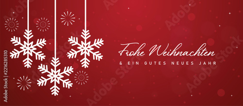 Frohe Weihnachten und ein gesundes und erfolgreiches Jahr 2027. Goldene Weihnachtsornamente und Schneeflocken vor festlichem Hintergrund