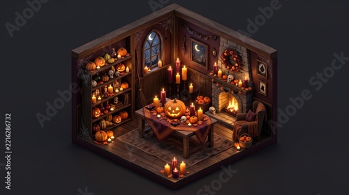 Halloween isometric room illustration. Spooky interior with carved jack-o-lantern pumpkins glowing candles fireplace and bookshelf