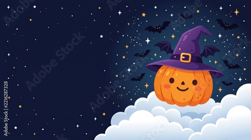 Halloween pumpkin character wearing a witch hat. Cute jack-o-lantern on white clouds at night