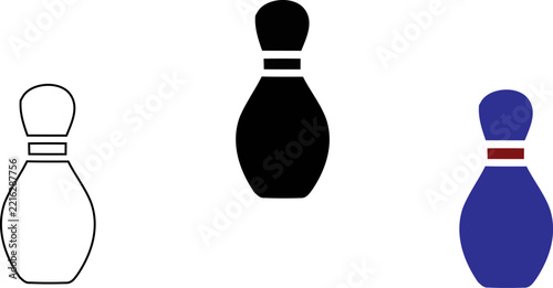 Set of three bowling pin icons featuring outline solid black and blue color variations for sports design