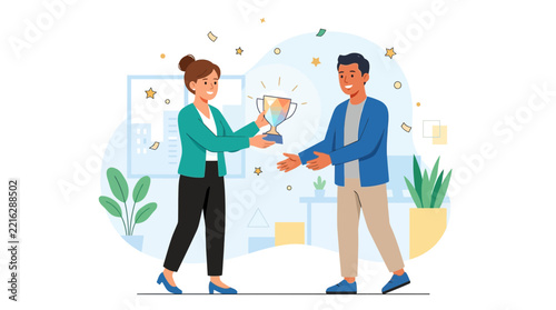 Woman presenting trophy to man in office celebration, confetti falling, teamwork achievement, success, winning concept