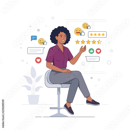 Woman Receiving Positive Feedback and High Ratings, Customer Satisfaction and Online Review Concept