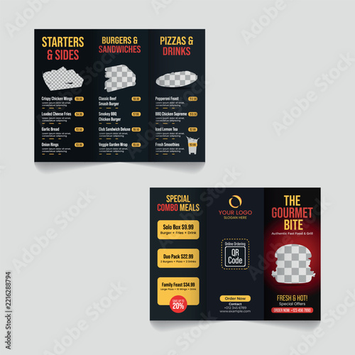 The gourmet bite fast food restaurant trifold menu brochure web banner template