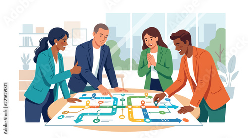 Diverse business team collaborating on strategy and planning with a colorful flowchart on a table