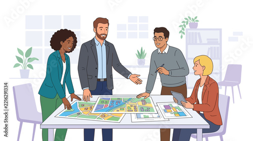 Diverse business team collaborating on urban planning maps and digital tablet in modern office