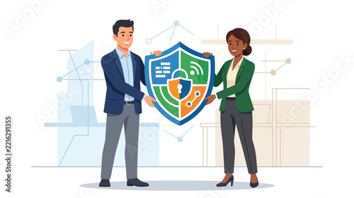 Diverse Business Team Holding Digital Security Shield with Icons