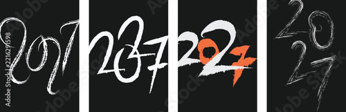 Four variations of 2027 year typography in white and orange brush strokes