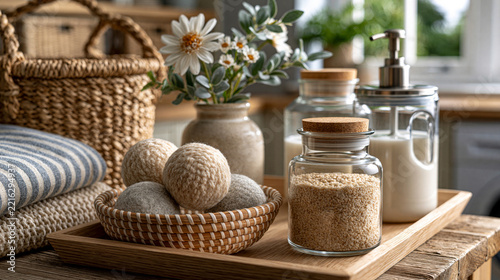 Clear design showing sustainable laundry essentials with reusable wool dryer balls, glass detergent dispensers and woven storage baskets in a bright utility room, soft natural lighting