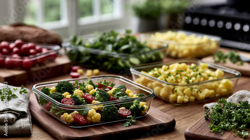 Close-up of sustainable meal prep setup featuring reusable glass containers, fresh vegetables, wooden cutting boards and linen towels, bright airy kitchen