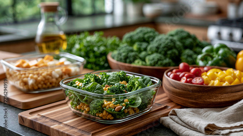 High quality composition of sustainable meal prep setup featuring reusable glass containers, fresh vegetables, wooden cutting boards and linen towels, bright airy kitchen