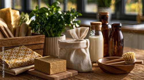Contemporary arrangement of sustainable zero waste kitchen essentials displayed on a clean wooden table with reusable produce bags, glass bottles, beeswax wraps and wooden brushes, soft window light,