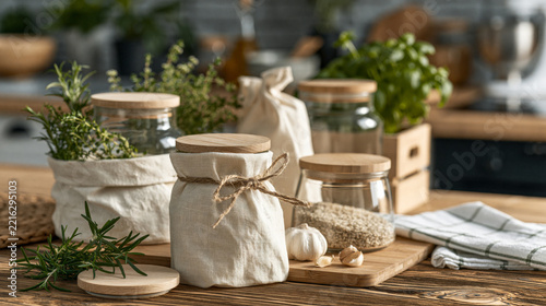 A refined view of zero waste kitchen organization with matching glass canisters, wooden lids, reusable cloth bags and fresh herbs, scandinavian interior, warm natural light