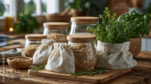 Clear design showing zero waste kitchen organization with matching glass canisters, wooden lids, reusable cloth bags and fresh herbs, scandinavian interior, warm natural light