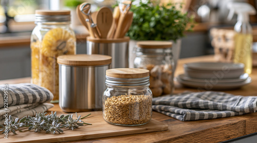 A creative presentation of zero waste tutorial workspace with reusable glass jars, stainless steel containers, bamboo utensils, linen cloths and natural cleaning supplies neatly arranged on a wooden