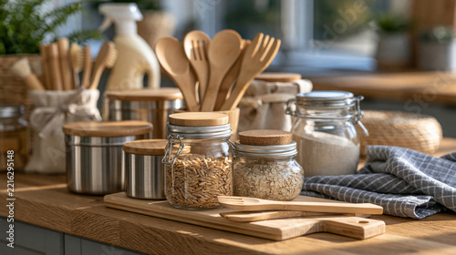 Zero waste tutorial workspace with reusable glass jars, stainless steel containers, bamboo utensils, linen cloths and natural cleaning supplies neatly arranged on a wooden countertop.