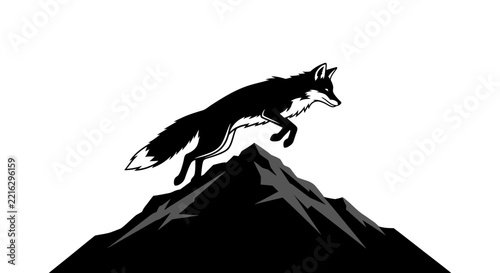 Black fox leaping over mountain peak, isolated silhouette, dynamic action