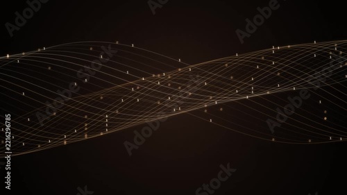 Digital Binary Code Data Flow Background with Glowing Golden Wave Lines and Floating Binary Numbers