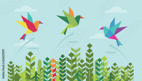 Vibrant origami paper birds in various colors flying over a stylized green forest landscape under a light blue sky with soft white clouds.