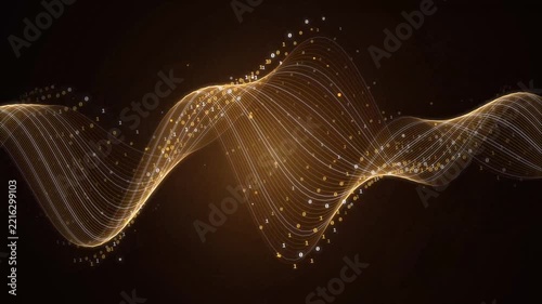 Glowing Gold Binary Data Waveform Animation Featuring Floating Digital Bits on Dark Background Space