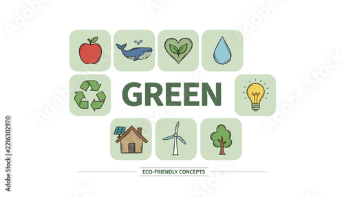 Central green text surrounded by various eco-friendly icons like recycling, solar power, and wind turbines for green concepts.