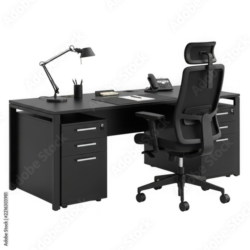Modern Black Office Desk with Chair and Lamp Isolated on White Background, Workspace Setup