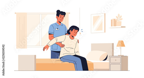 Nurse helping elderly woman sit up in bed