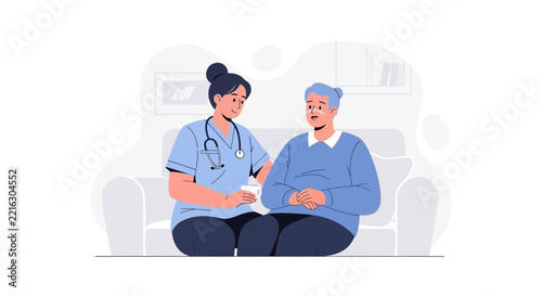 Nurse Helping Elderly Person, Caregiver Comforting Patient on Couch