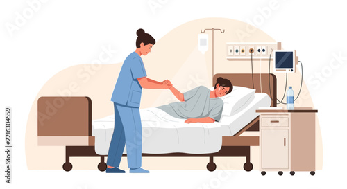 Nurse Helping Patient In Hospital Bed with IV Drip, Isolated