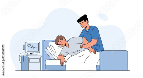 Nurse helping patient in hospital bed with medical monitor