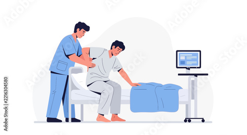 Nurse Helping Patient Sit Up in Hospital Bed, Medical Care Scene