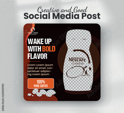 Wake up with bold flavor instant dark roast coffee jar web banner template
